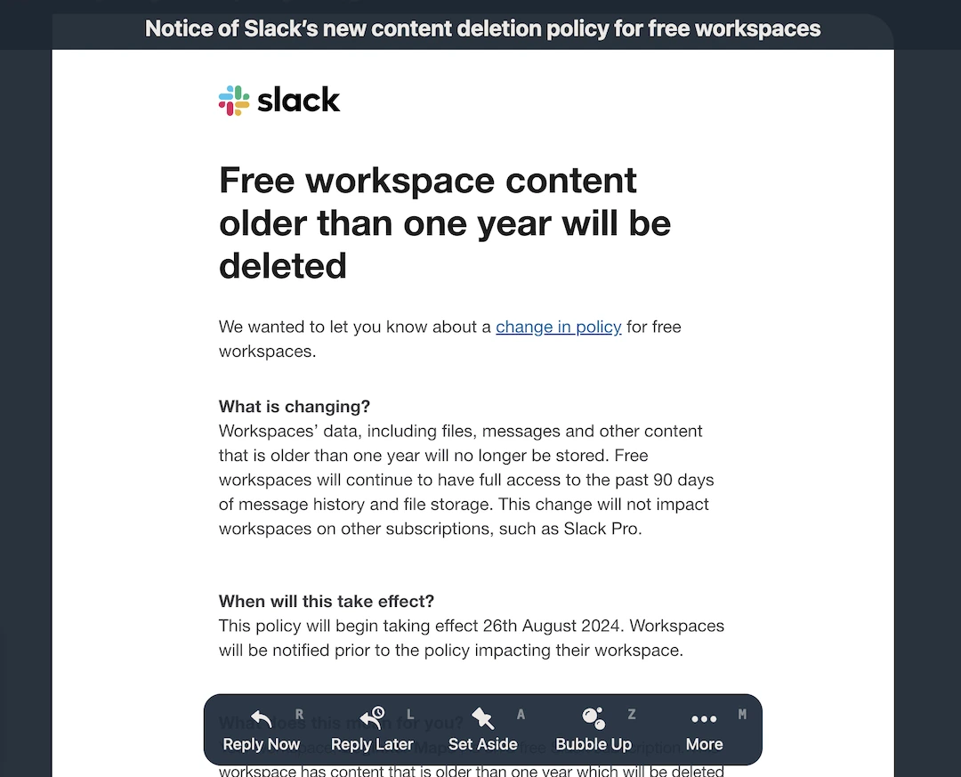 Slack Content Deletion Email